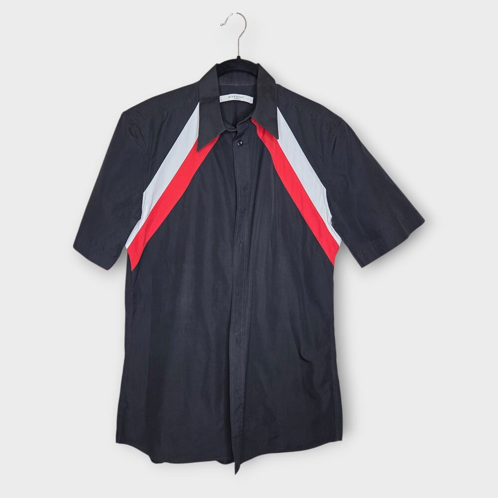 Givenchy Contrast Stripe Short Sleeve Cotton Button Down Shirt Black Men's 39